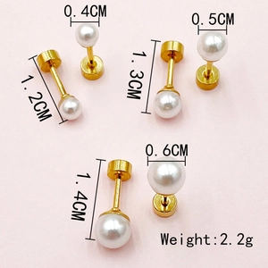 Three pairs of white pearl earrings in 4mm, 5mm, and 6mm sizes with golden steel posts