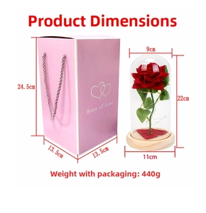 Detailed dimensions of red rose glass dome with LED light and pink gift box set