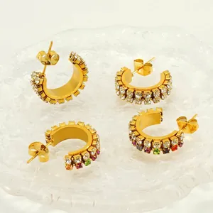 Boucles D'oreilles Créoles En Forme De C Acier Inoxydable Plaqué Or 18K Double Rangée Strass Brillants Femmes