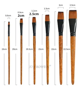 Size chart for professional flat nylon paint brushes with wooden handles in six sizes