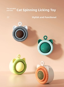 Close-up of rotatable catnip balls with cat ear shape frames in multiple colors