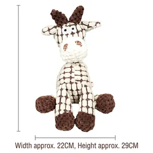 Detail showing plush giraffe pet toy with size 22x29cm and textured fabric pattern