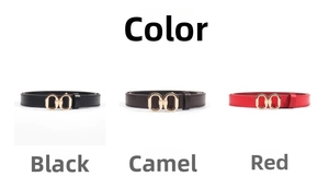 Detail view of thin PU leather belts with gold double O-ring buckles in black and tan