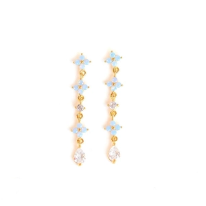 Detail of 18K gold plated floral drop earrings with blue zircon and water drop pendants