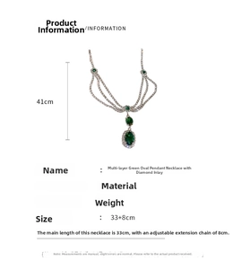 Detail of emerald zircon multi-layer necklace with dimensions 33cm plus 8cm extension