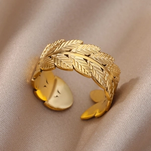 18k gold plated stainless steel open ring featuring detailed leaf texture on satin