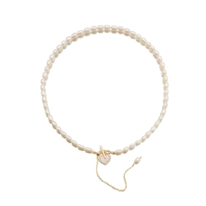 Elegant natural freshwater pearl necklace with gold heart pendant and T-bar toggle clasp