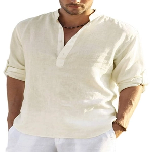 Men's loose linen long sleeve shirt in beige with a stand collar and breathable texture