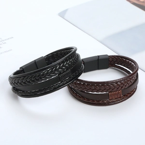 Handmade multilayer leather bracelet with stainless steel magnetic clasp in black and brown