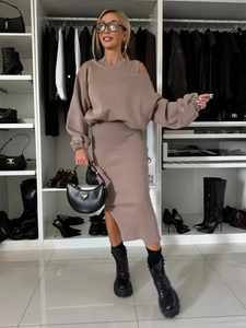 Coffee brown off-shoulder sweatshirt and high waist slit skirt two-piece set for women