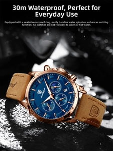Detail of waterproof quartz watch with blue chronograph dial and brown leather strap