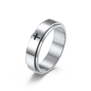 Rotating stainless steel cross ring with brushed finish and polished silver metal band