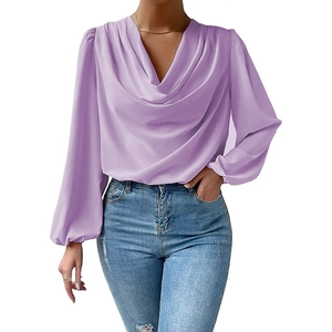 Elegant lavender chiffon V-neck blouse with long lantern sleeves and draped design
