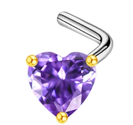 Macro detail of heart-shaped purple zircon nose stud with golden claws and curved silver post