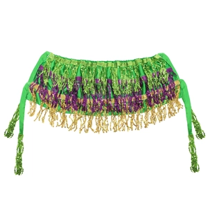 Green sequined fringe dance belt with purple and gold accents for carnival costumes
