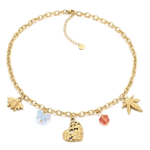 Stainless steel gold necklace with heart, bee and butterfly charms on white background