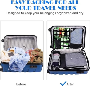 Blue travel organizer bags comparison showing cluttered versus organized suitcase storage