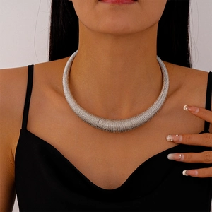 Exaggerated silver metal choker necklace with textured ribbed tube for women