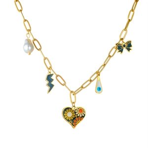 Gold stainless steel necklace with pearl, bow, lightning, evil eye and daisy heart charms