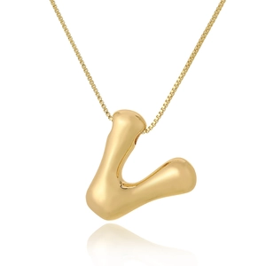 Detailed close-up of a polished gold letter L pendant on a delicate metal box chain