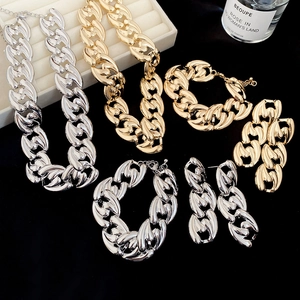 Detailed view of chunky chain jewelry set in gold and silver finish with polished metal