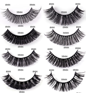 Detailed chart showing 8 styles of 3D curly black false eyelashes with length measurements