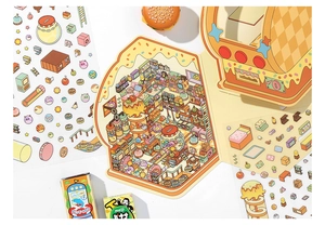 Detailed view of DIY 3D miniature scene stickers with cute cartoon room decorations
