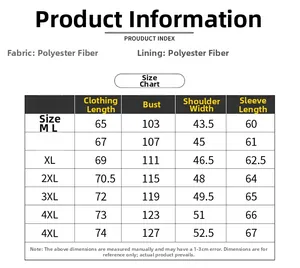 Detailed size chart for men fleece jacket including measurements from M to 4XL in cm