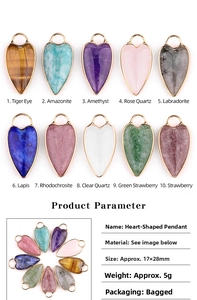 Detail view of 17x28mm heart-shaped semi-precious stone pendants with gold metal edging