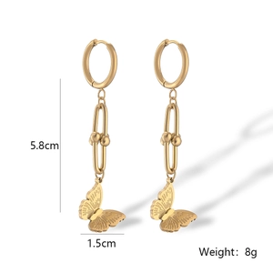 Detailed view of gold butterfly drop earrings with size specs: 5.8cm length and 8g weight