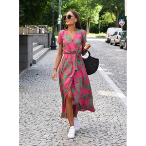 Floral V-neck wrap maxi dress with green and pink print for summer vacation style