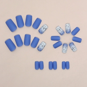 Blue matte square press-on nails set with gradient ice-effect and splatter textures