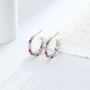 Elegant 925 sterling silver C-shape earrings featuring multi-color marquise-cut zircons