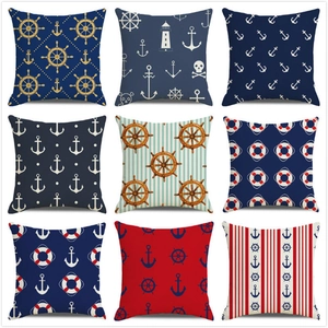 Watercolor nautical cushion covers featuring navy anchors, steering wheels, and lighthouses