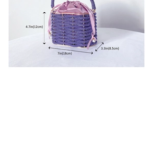Detailed dimensions of purple beaded bucket bag with dimensions 18cm by 12cm