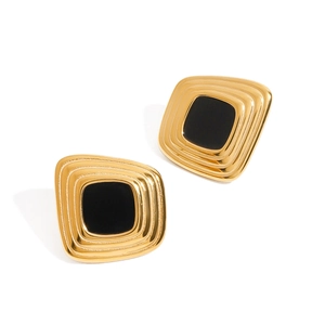 Elegant gold-tone stainless steel stud earrings with black resin square centerpieces