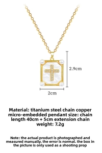 Detailed view of titanium steel necklace with pearl cross pendant and size specifications