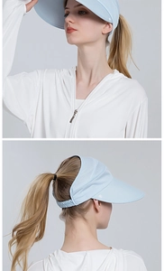 Detail of light blue wide brim ponytail sun hat and white zip-up UPF cooling hoodie
