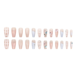 Pink and blue ballerina press-on nails with checkerboard pattern and 3D star rhinestones