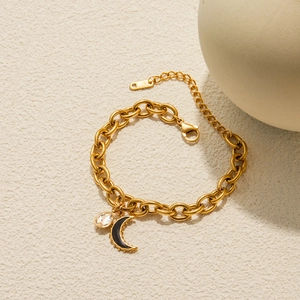 Minimalist 18K gold plated stainless steel bracelet with black moon and crystal charms