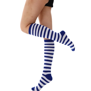 Detail of blue and white horizontal striped knee-high socks in a premium knit texture