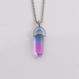 Hexagonal crystal column necklace with blue-pink gradient pendant and silver chain