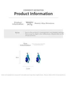 Detail view of water drop earrings with blue rhinestones measuring 6cm by 2.2cm