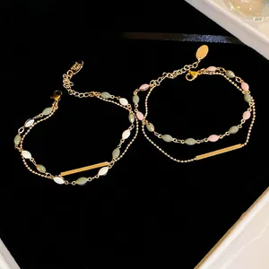 French vintage double-layered gold-plated bracelet with pastel marquise beads for women