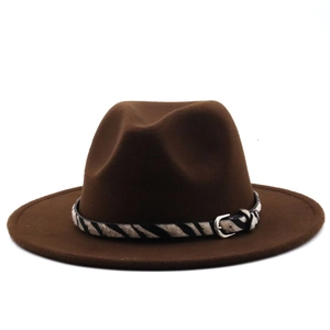 Close-up of the dark brown wool fedora hat featuring animal print band and buckle
