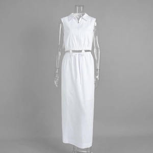 Detail of white two-piece vest set with lapel zipper top and drawstring maxi skirt