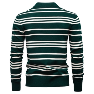 Men's dark green and white striped long sleeve knit Polo sweater with ribbed hem detail