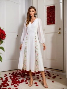 Elegantes weißes V-Ausschnitt Midikleid mit Blumenstickerei und Chiffon-Laternenärmeln