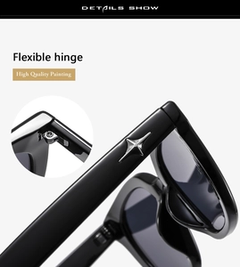 Detail show of flexible hinges and star-shaped metal decor on black square sunglasses