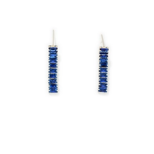 Minimalist silver stud earrings with vertical deep blue rectangular zircon crystals